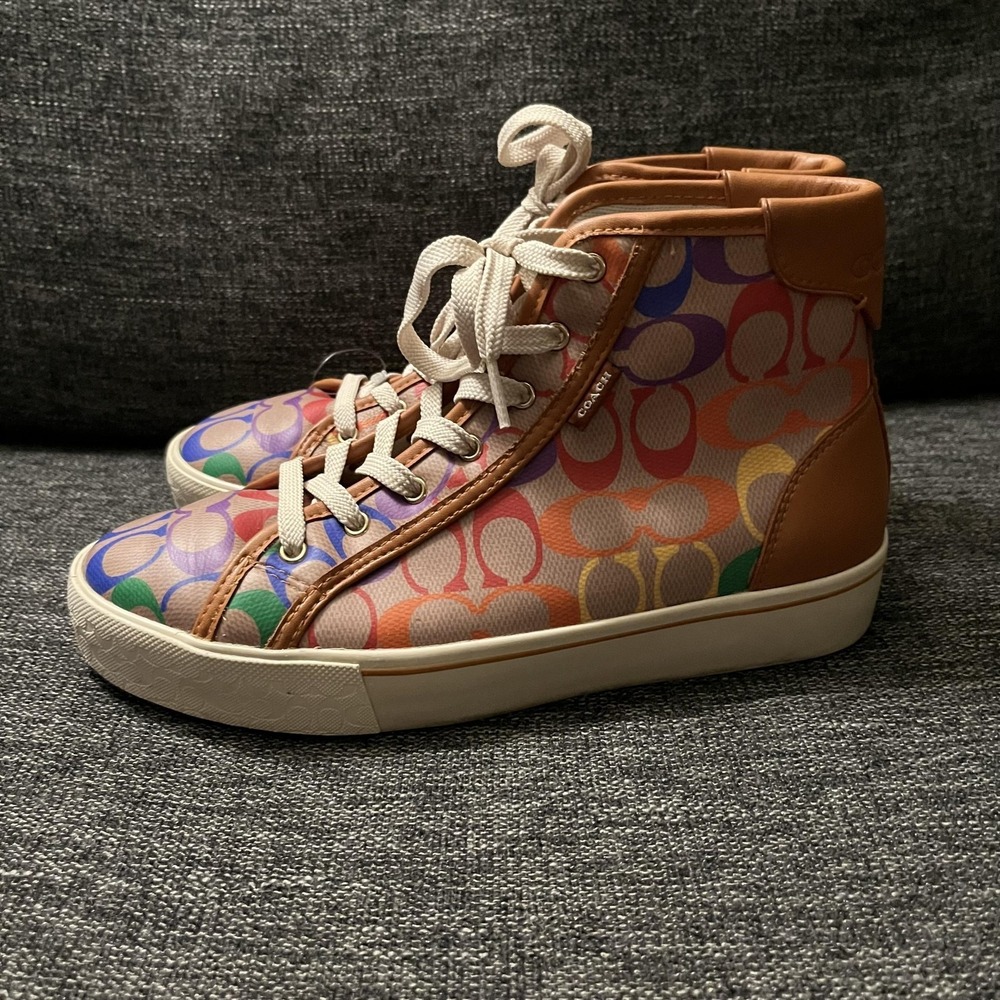 Coach Shoes Womens Size 8.5 Multicolor Signature Canvas High Top Sneakers CA855 - Picture 3 of 10